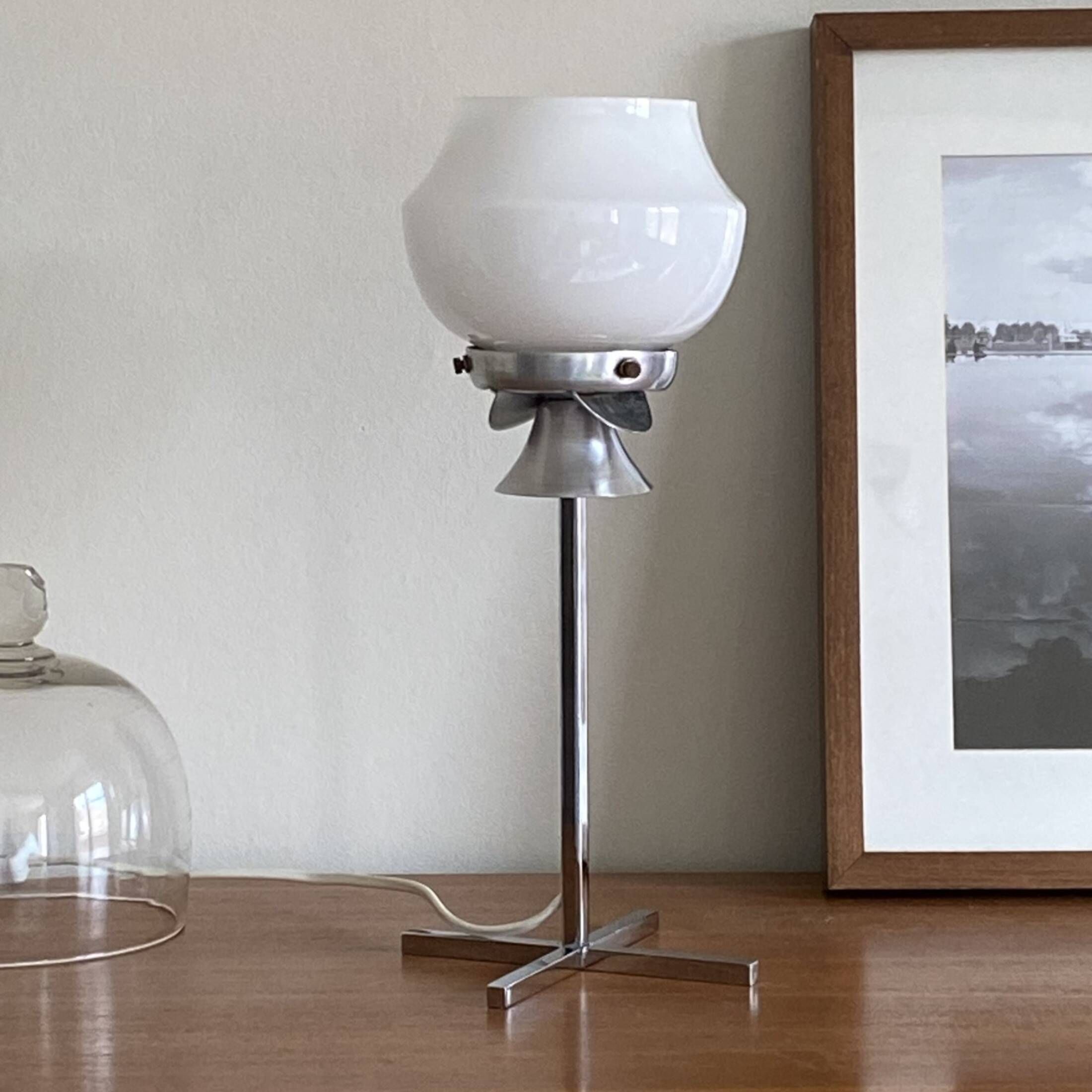 Table lamp in white opaline glass and chrome metal base vintage bedside side LAMP-7145