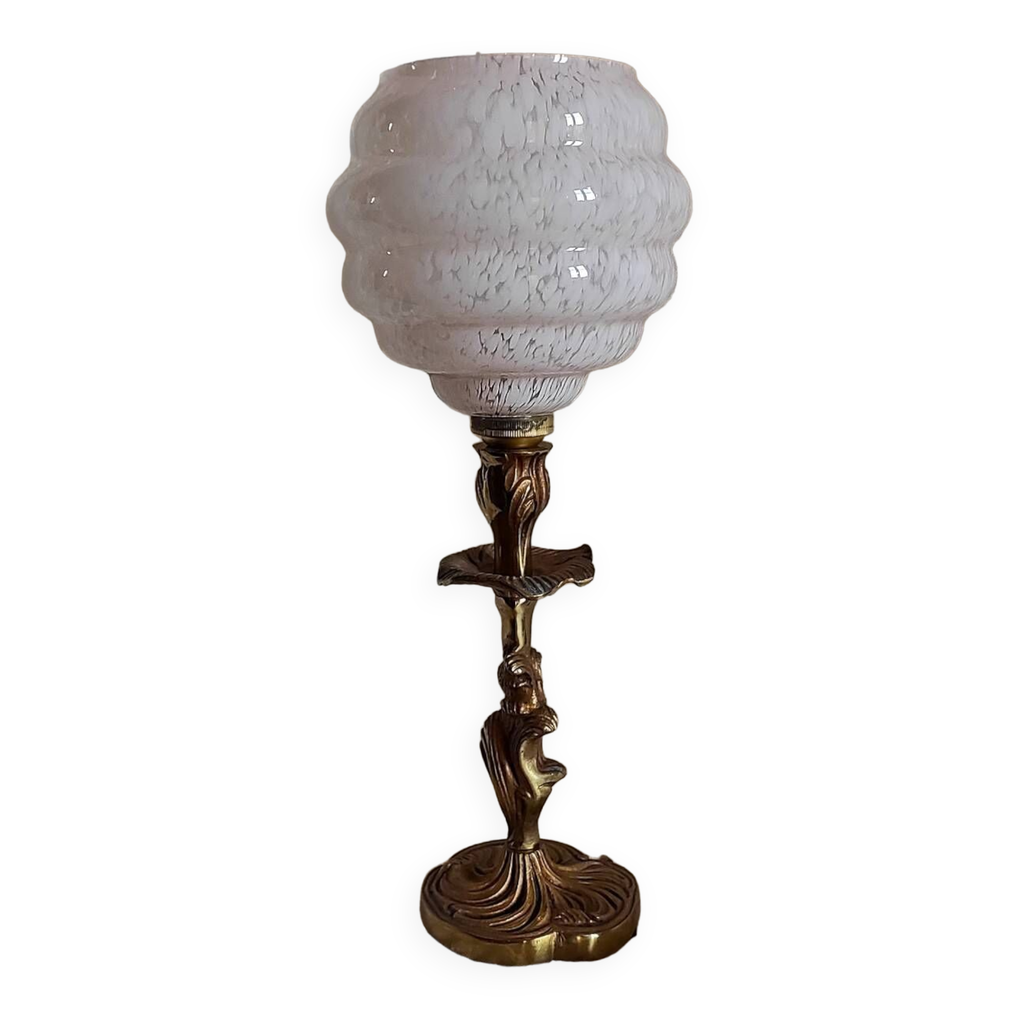 Lampe globe clichy rose et pied métal doré