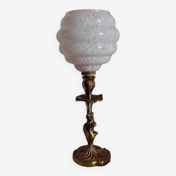 Pink clichy globe lamp and gold metal base