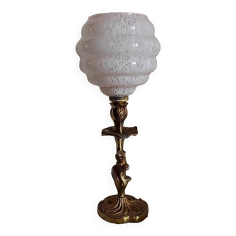 Lampe globe clichy rose et pied métal doré