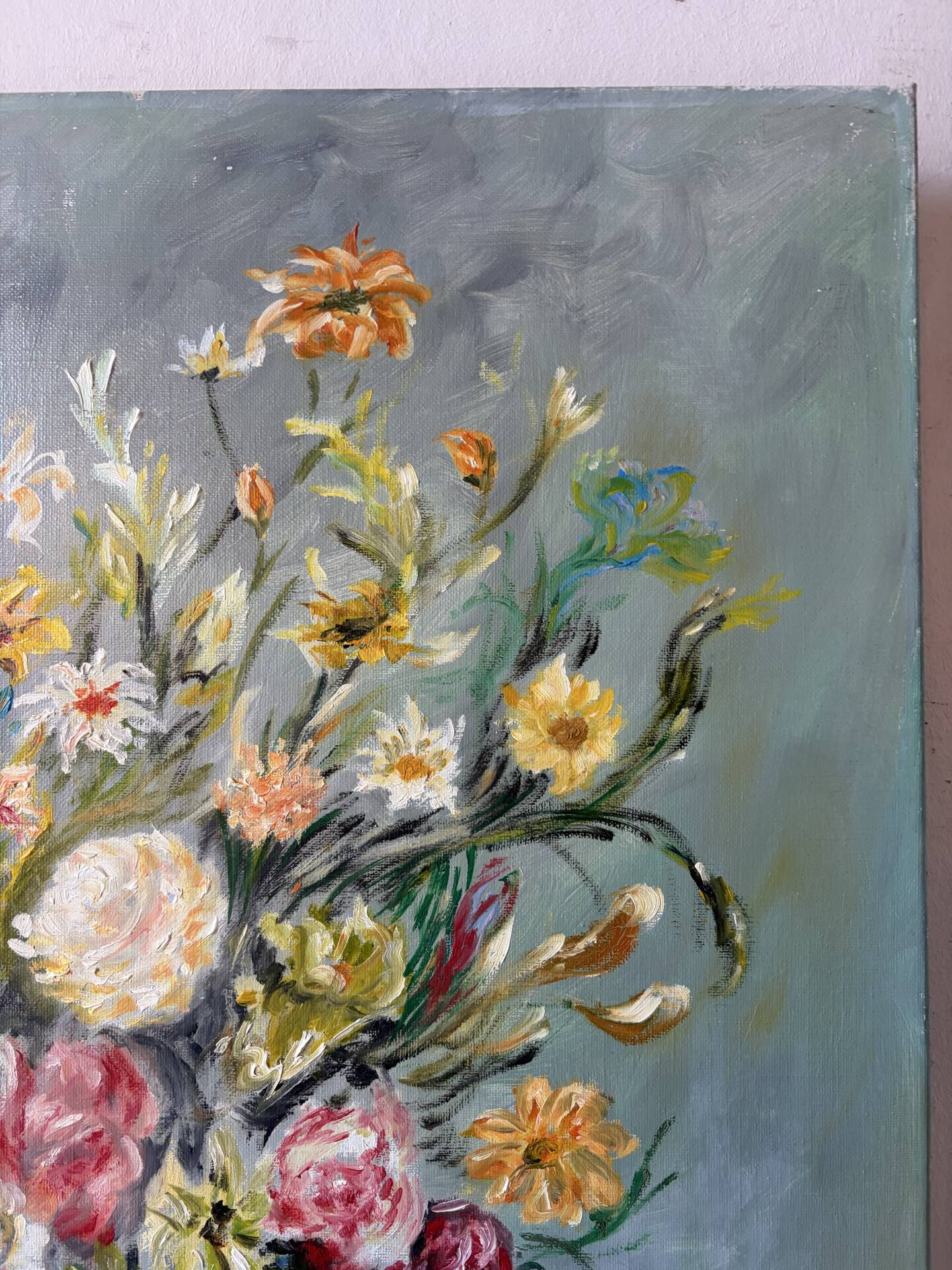 Bouquet in a blue vase, oil on canvas signed