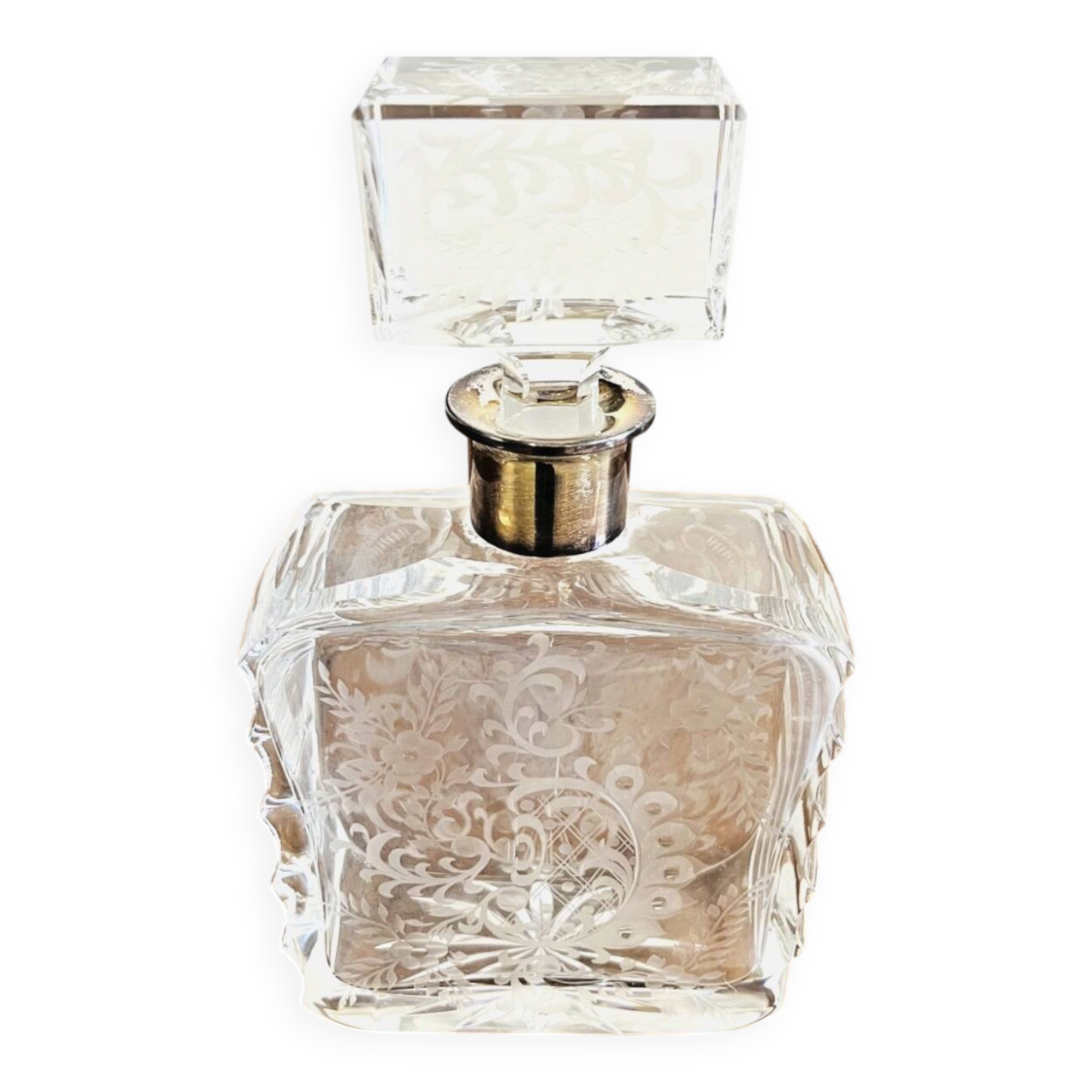 Crystal and 925 silver whisky decanter – Engraved floral decoration