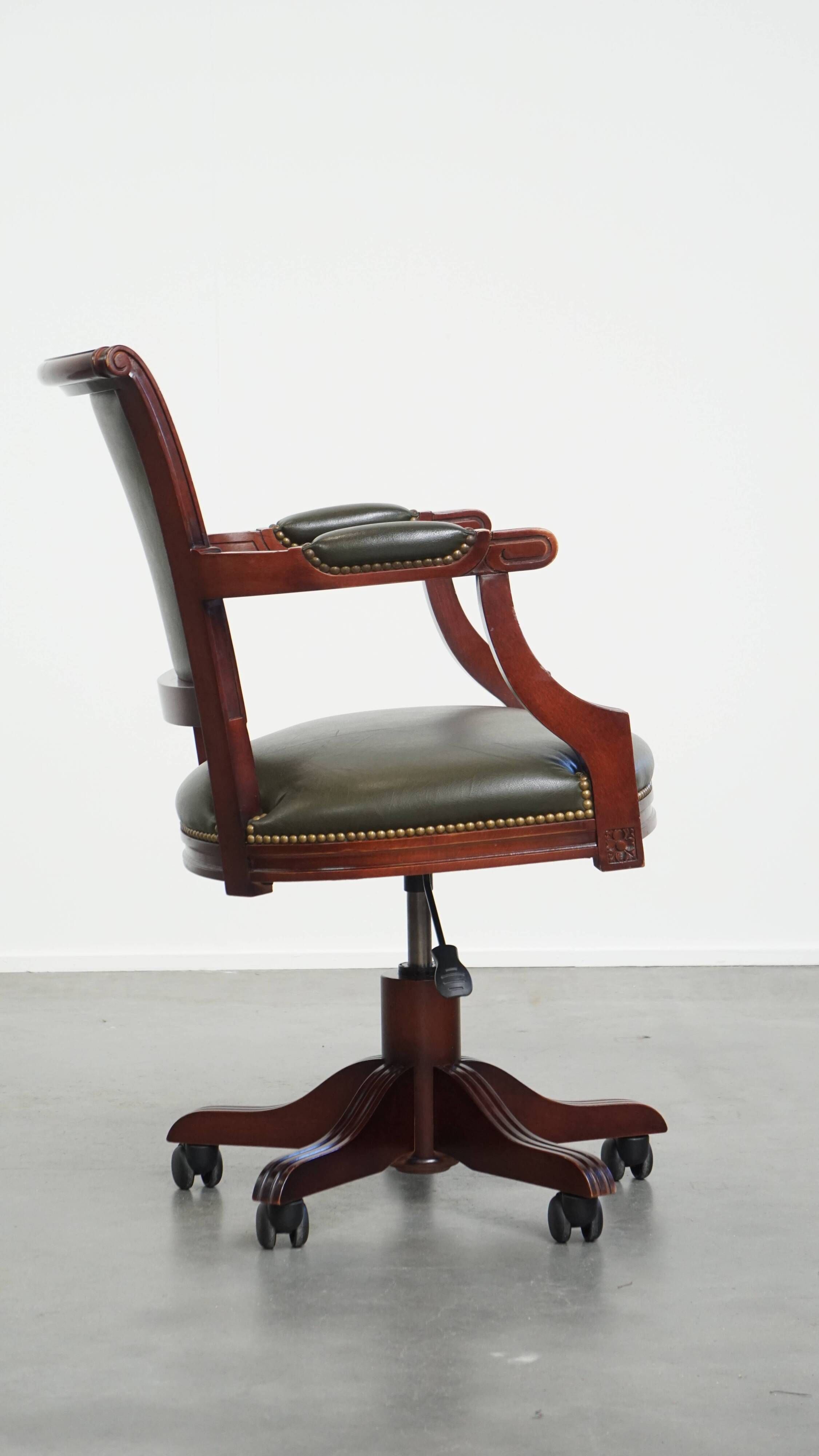 Green Cowhide Leather and Wooden Office Chair in English Style on Casters