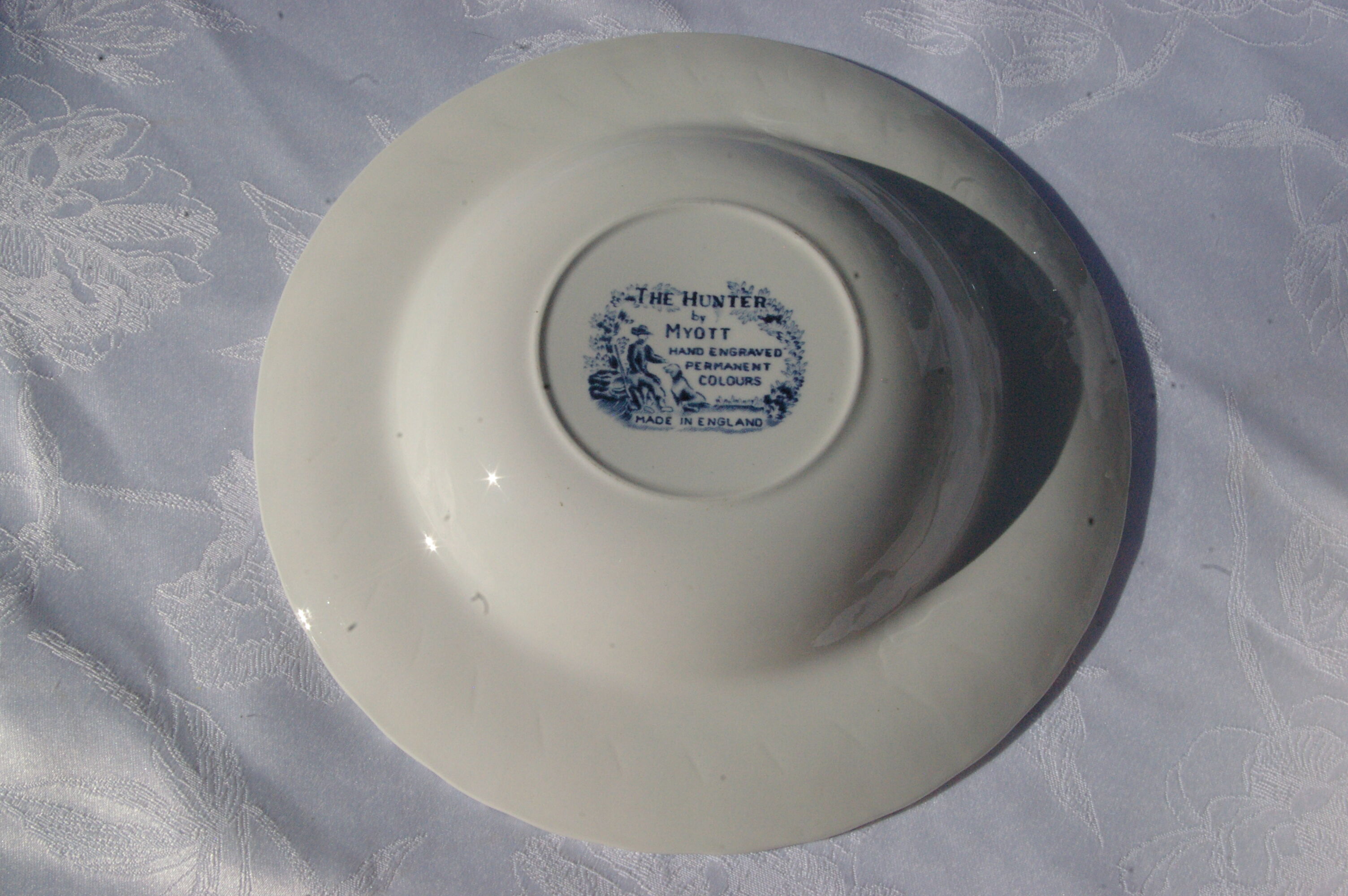 3 Hollow plates in Blue Myott English Earthenware "The Hunter"