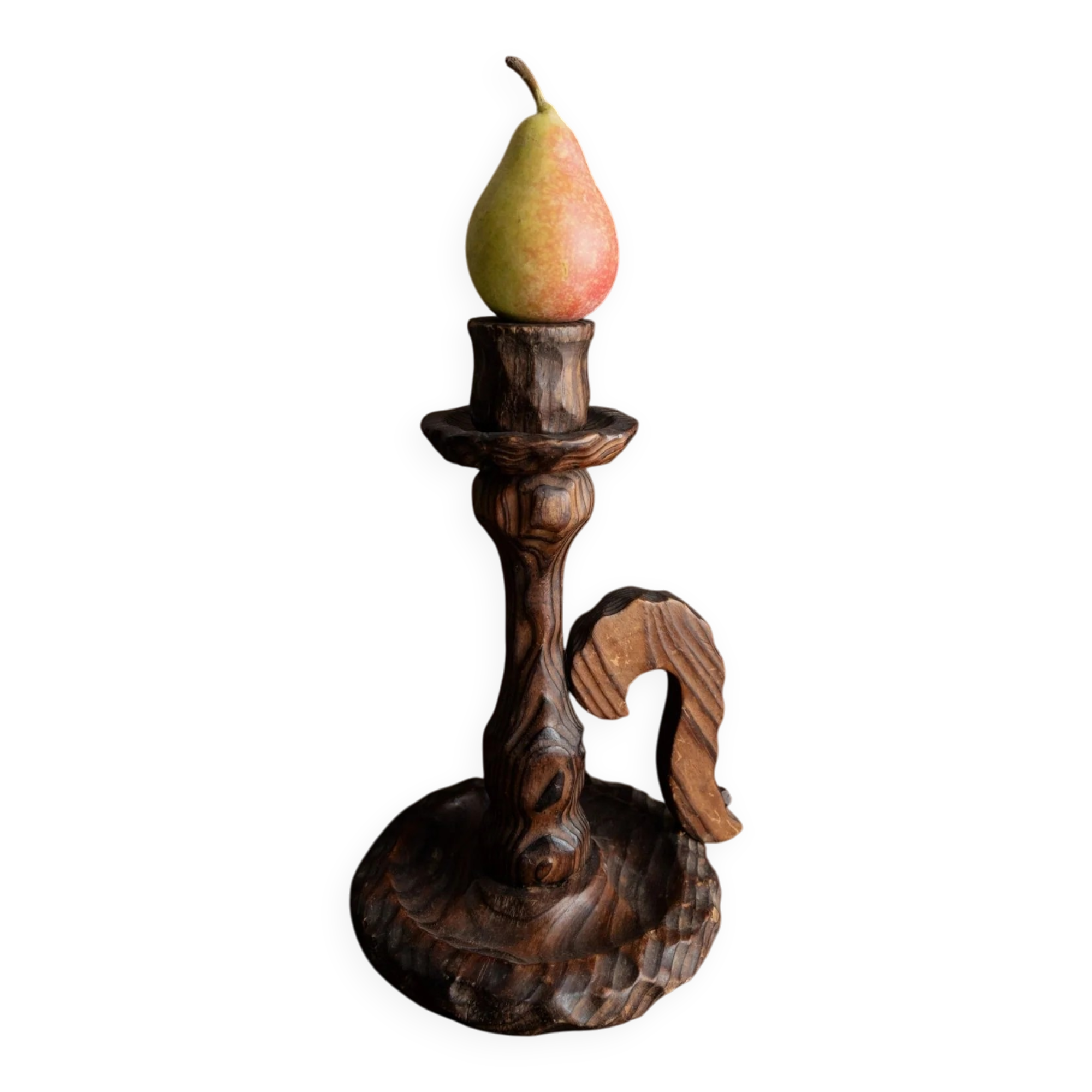 Brutalist carved wood candle holder, dark brown with lighter highlights, made in Italy, 1940s