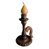 Brutalist carved wood candle holder, dark brown with lighter highlights, made in Italy, 1940s