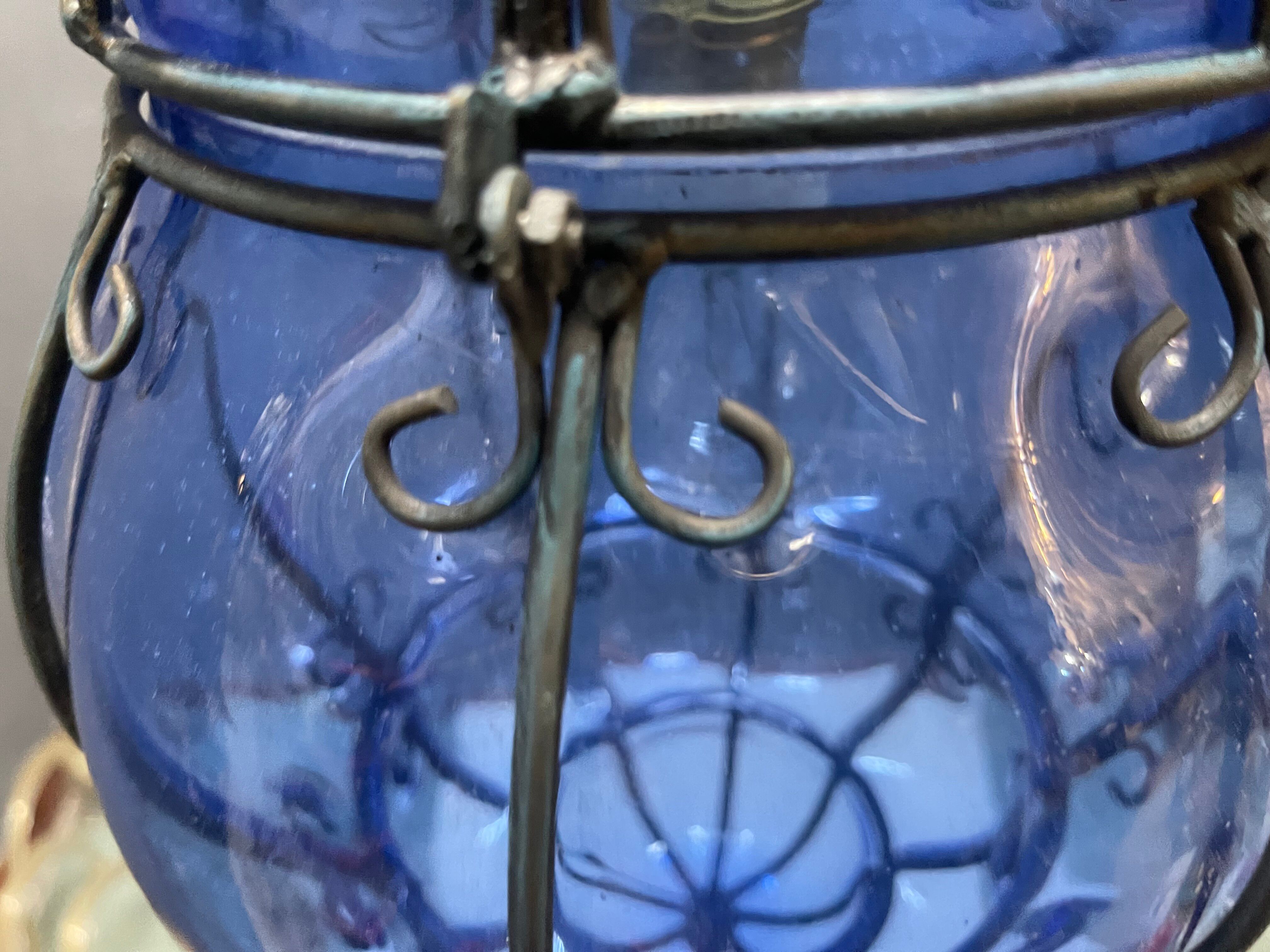 Wrought Iron Blue Murano Glass Light Pendant 1980’s