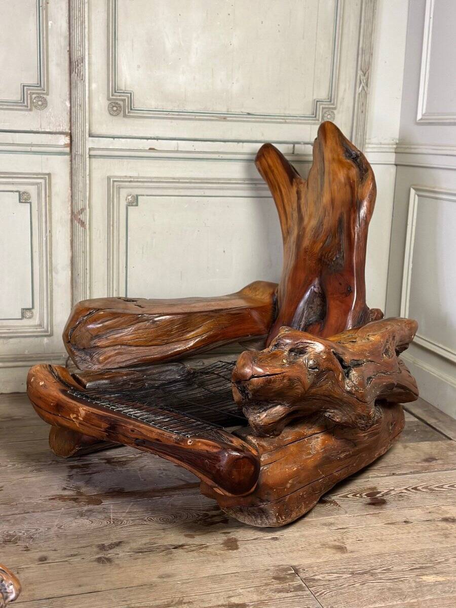 Pair of armchairs and a footstool made of root wood, circa 1970