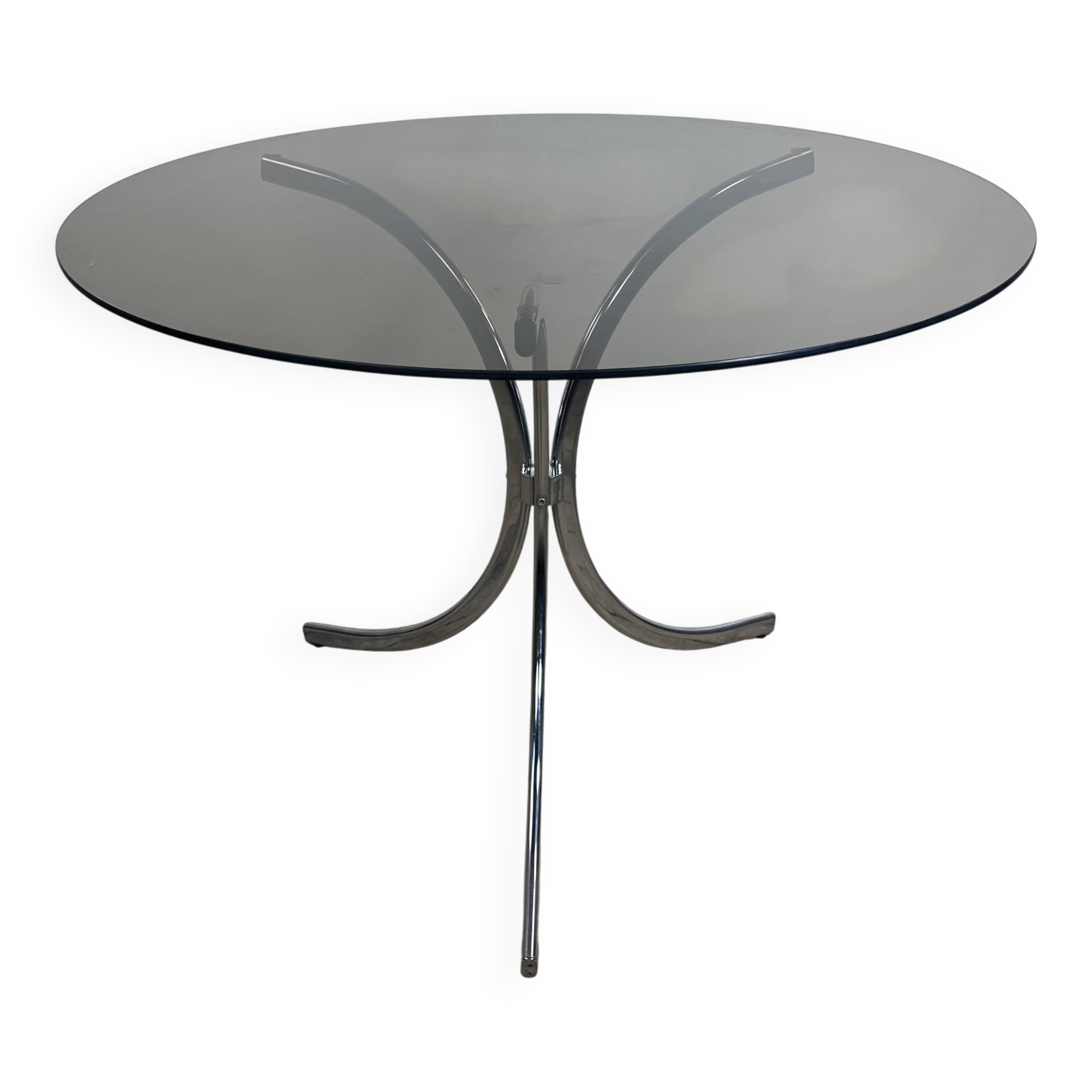 Vintage 1970s round metal and smoked glass table