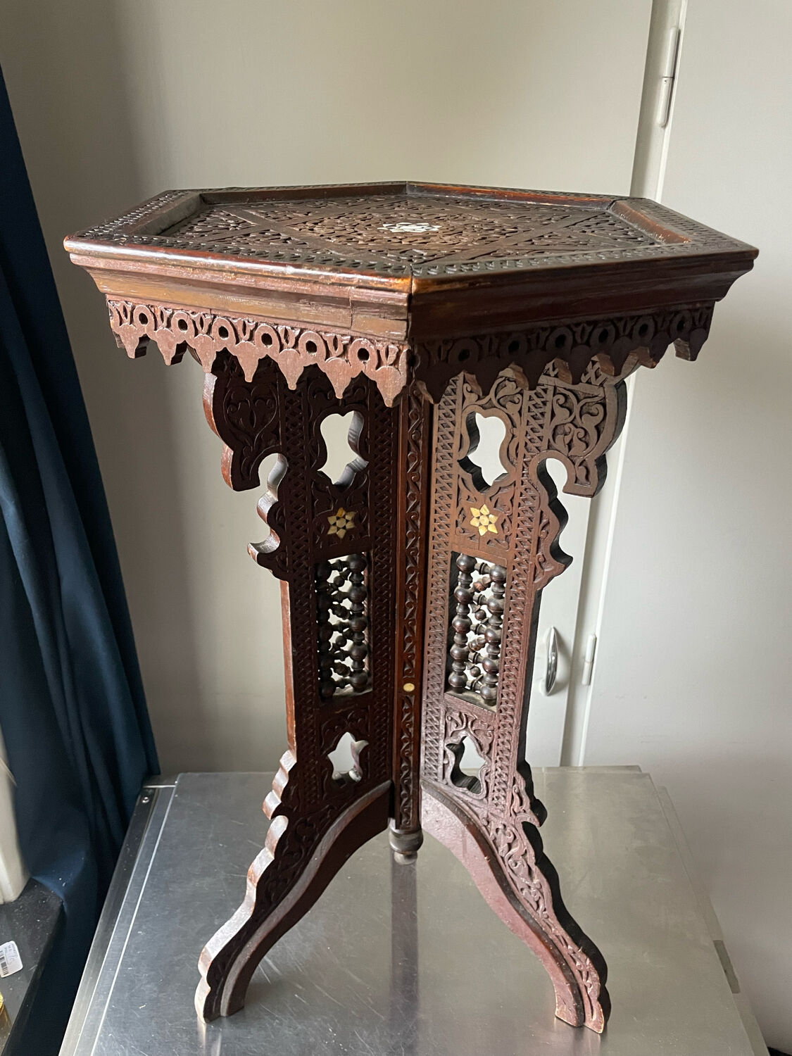 Antique Ottoman Turkish table with inlays and intricate carvings