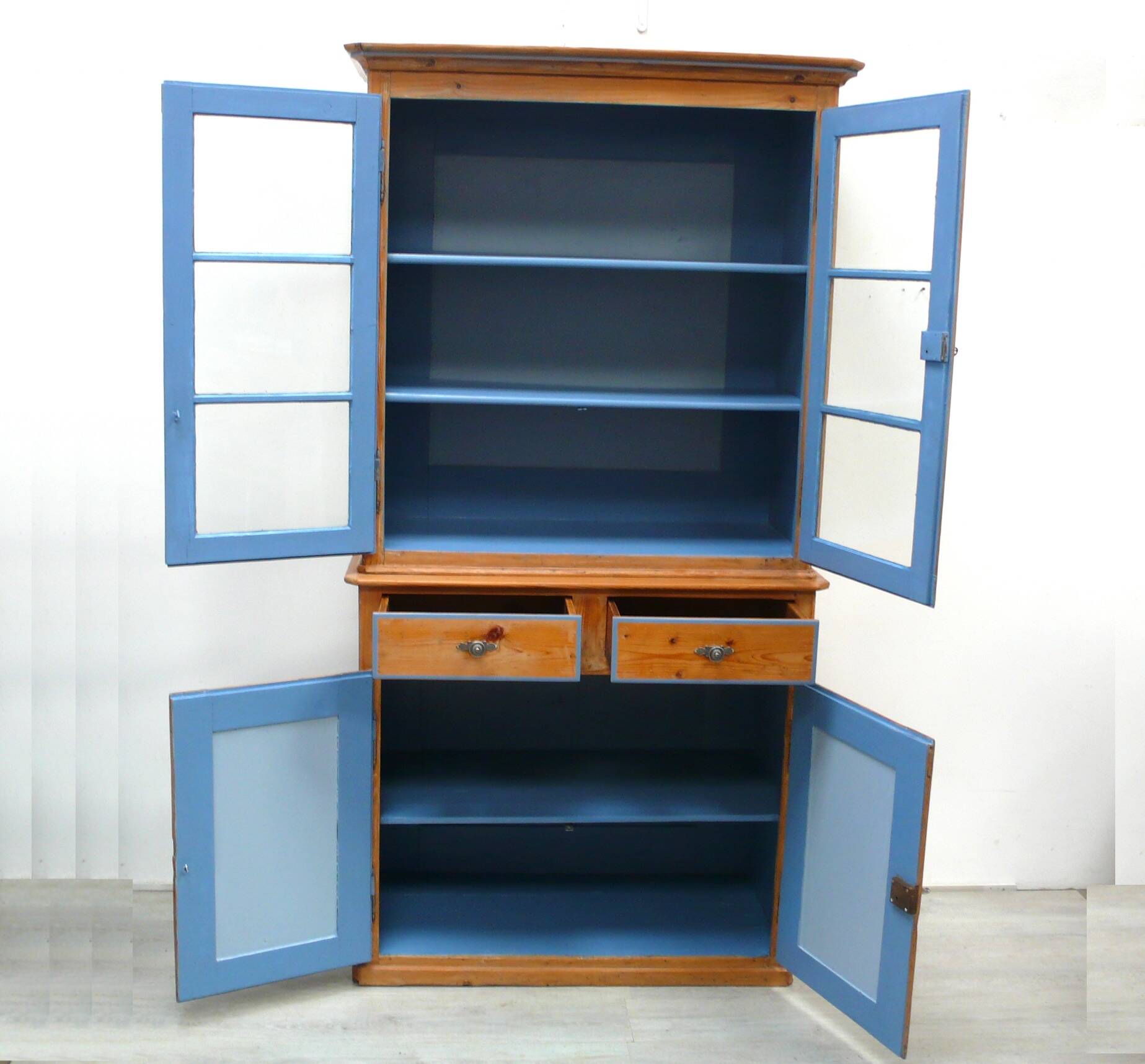 Antique softwood buffet in natural + blue, Gründerzeit style