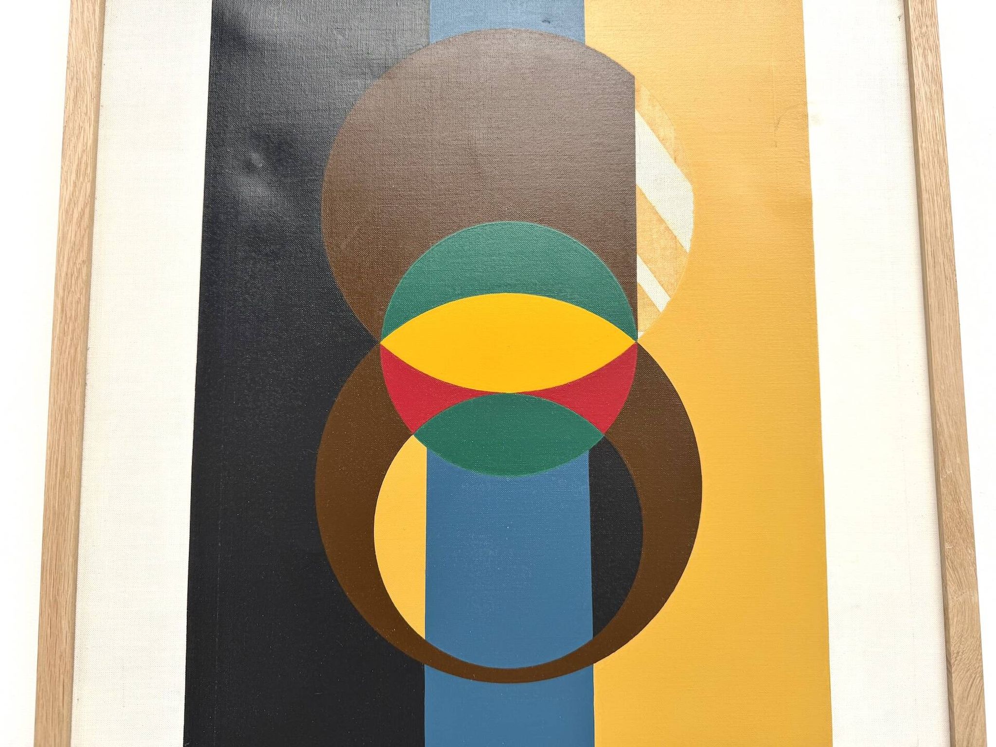 Composition aux cercles et bandes verticales, huile sur toile