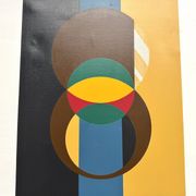 Composition aux cercles et bandes verticales, huile sur toile