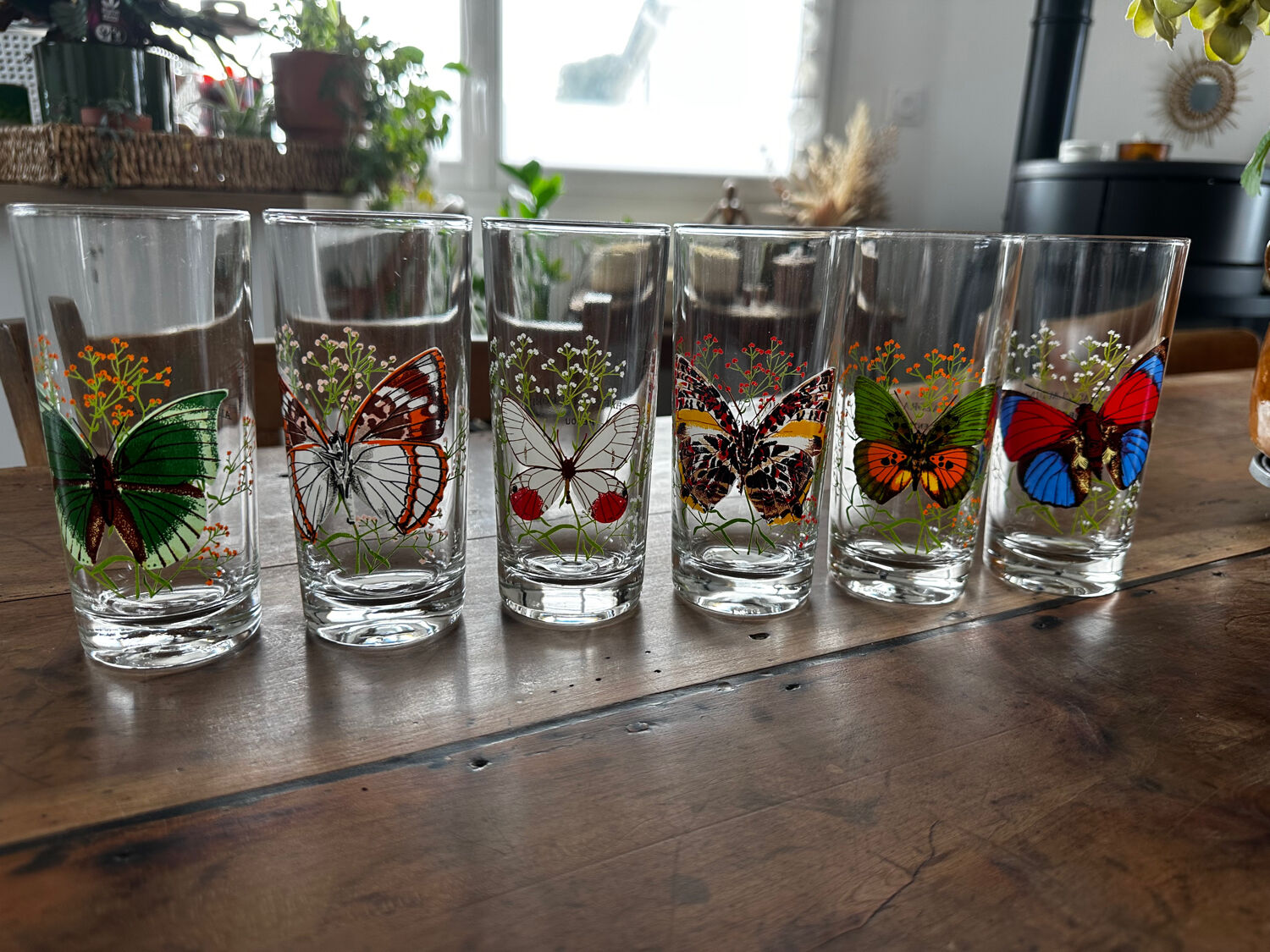 Set of 6 vintage glasses with butterfly decoration – 70s/80s