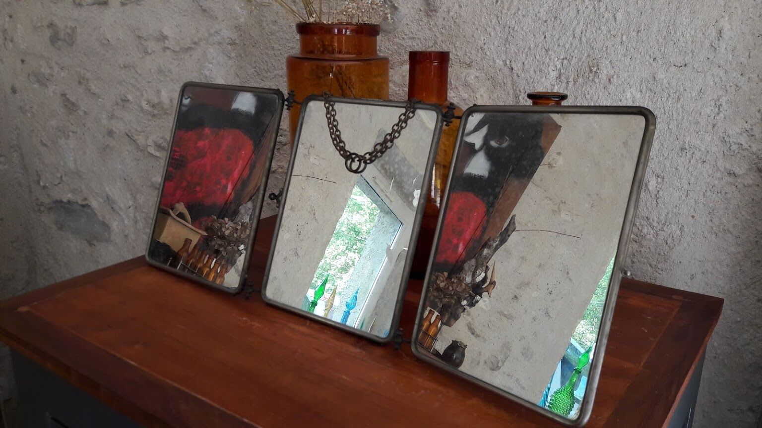 Barber triptych with towers brass mirror 58x24cm