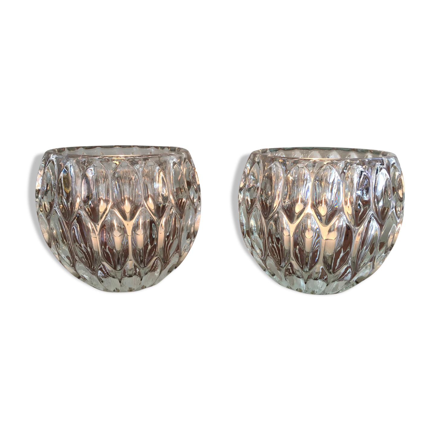 Duo of chiseled glass photophores