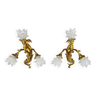 Pair of Rococo Style Gilt Bronze Wall Sconces, Late 19th Century