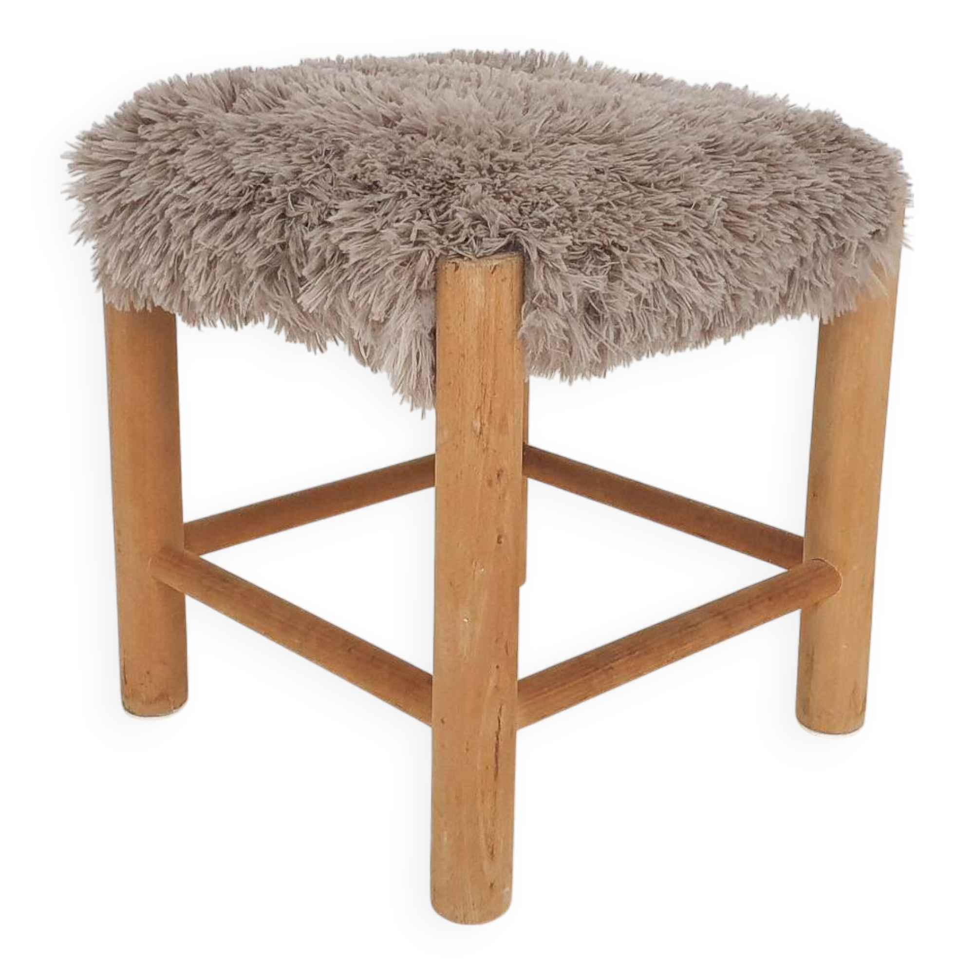 Mid-century wooden stool with fake-fur upholstery, Denmark 1960's