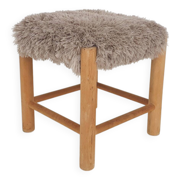 Tabouret en bois du milieu du siècle avec revêtement en fausse fourrure, Danemark, années 1960