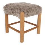 Mid-century wooden stool with fake-fur upholstery, Denmark 1960's