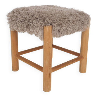 Mid-century wooden stool with fake-fur upholstery, Denmark 1960's