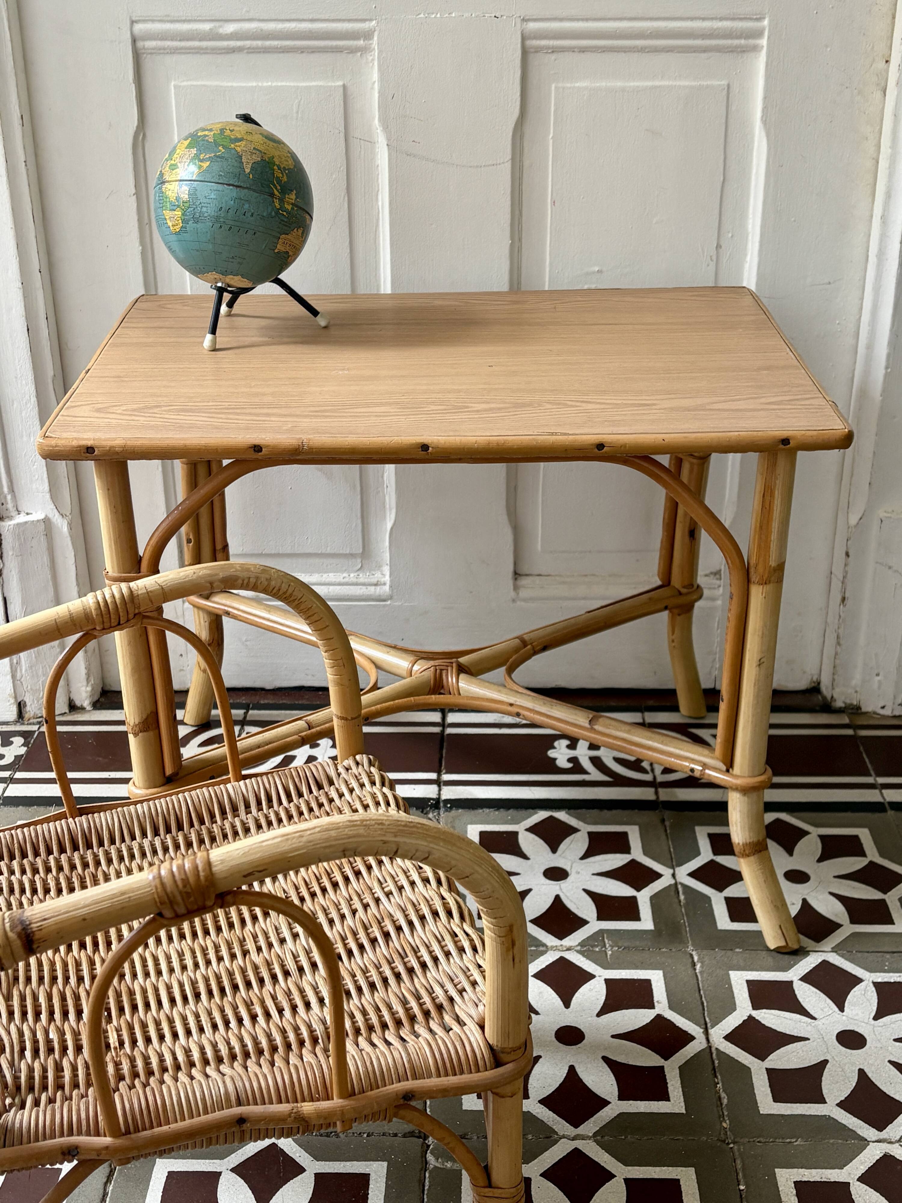 Vintage rattan desk and chair set for children