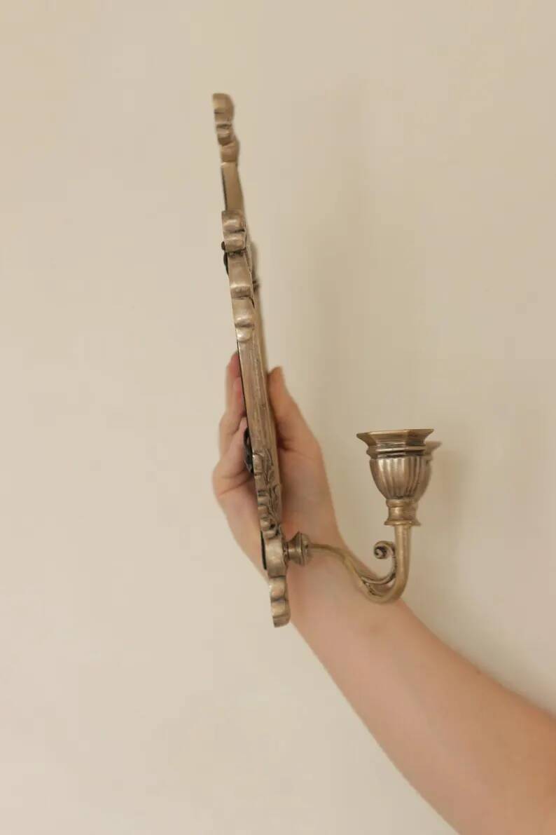 Pair of Vintage Double Arm Italian Brass Sconces with Mirror