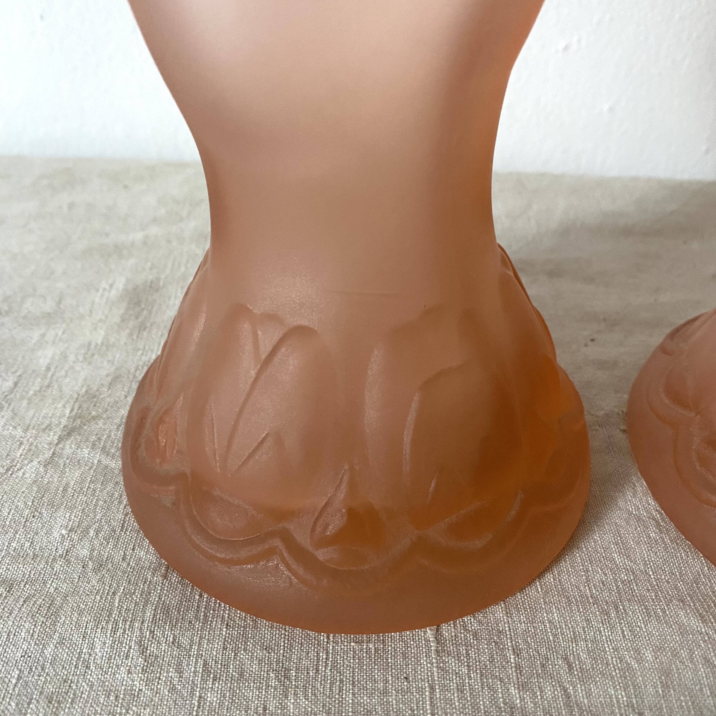 Pair of pink frosted glass torch vases, handmade, art deco
