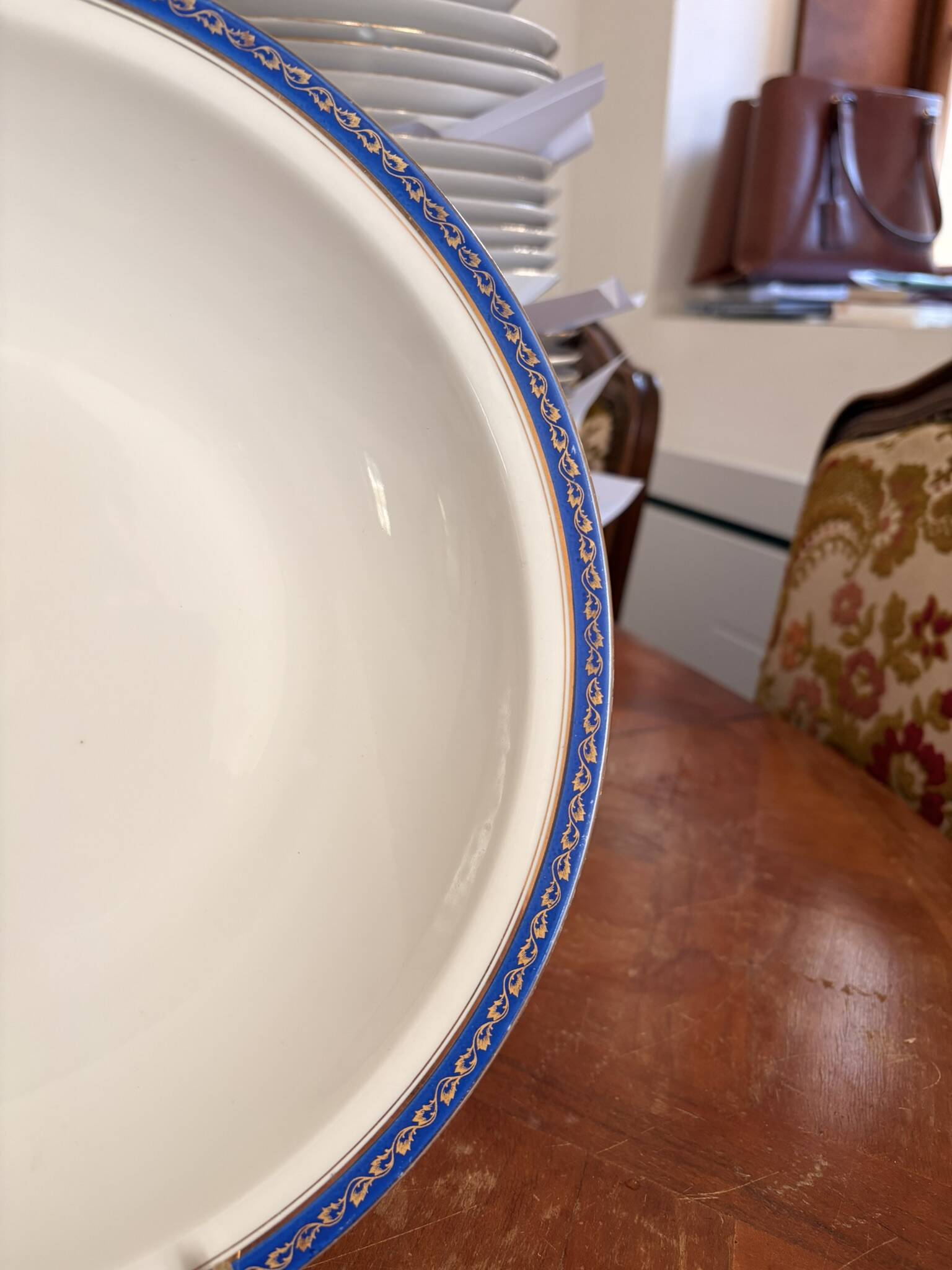 Large Deep Plate 29cm Salad Bowl Limoges Porcelain Blue Gold Betoule Legrand