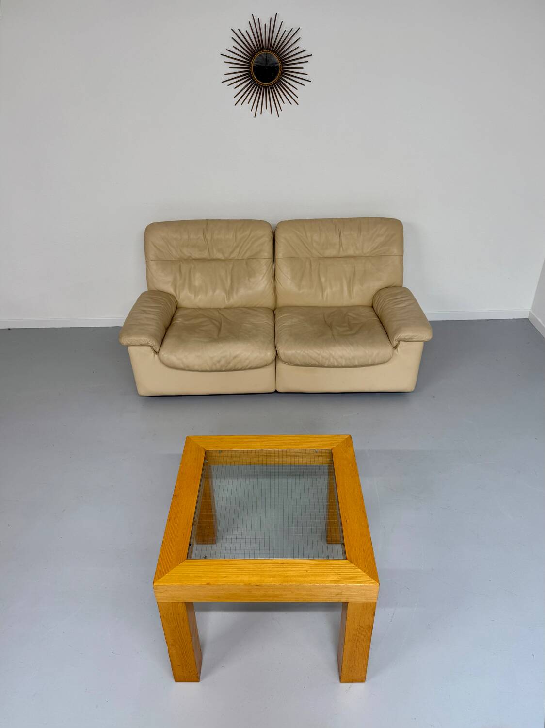 Old 2-seater beige leather sofa designed by Carl Larsson De Sede, vintage 80s