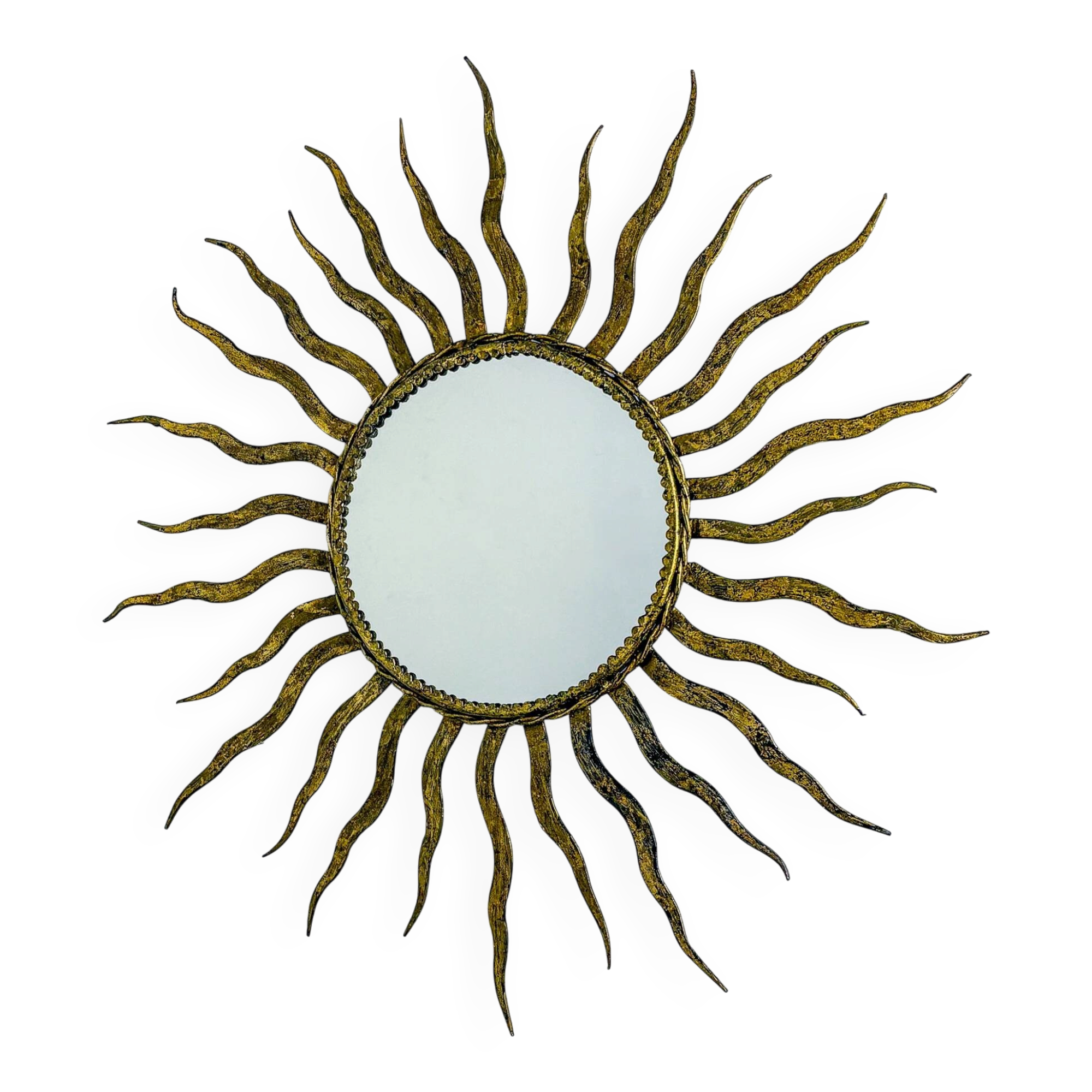 French sunburst starburst mirror in gilt iron, 1950s