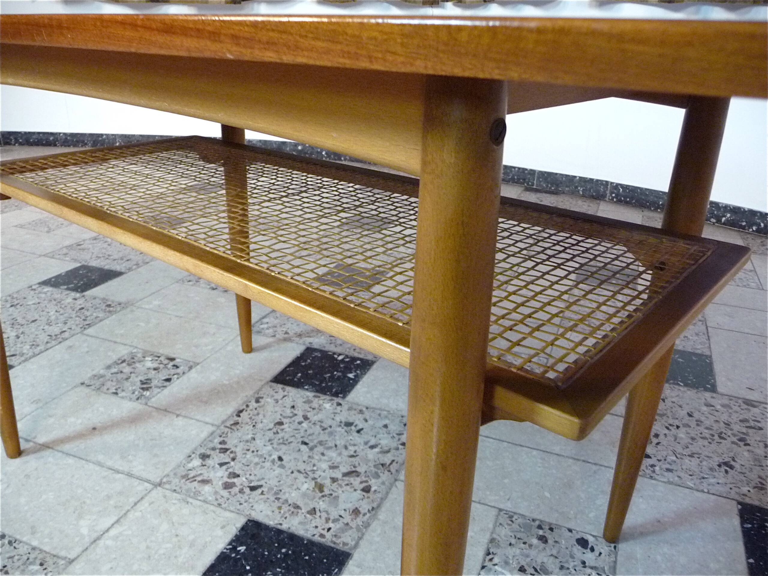 Wilhelm Knoll Side or Coffee Table with Lower Shelf in Woven Cane, Germany 1950s