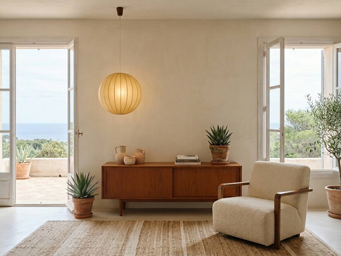 1970s Italian Cocoon Globe Pendant Lamp with teak details