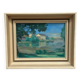 Original Oil on Canvas – “House near The Lake” by Fern I. Coppedge – Signed – Vintage & Framed – 30 × 24 cm (11.8" × 9.4")