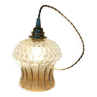 Transparent and textured tulip glass portable lamp, golden twisted wire