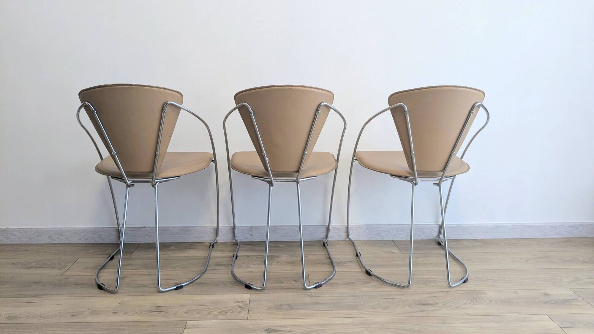 Set of 3 Linda chairs by Arrben – beige faux leather and chrome steel – 1980s