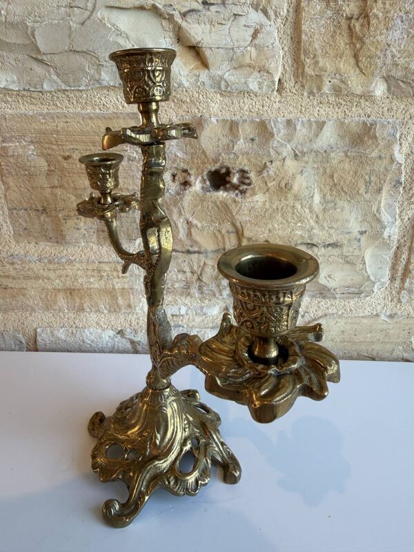 Chandelier ancien Art Nouveau en bronze doré à 3 feux – Bougeoir vinta