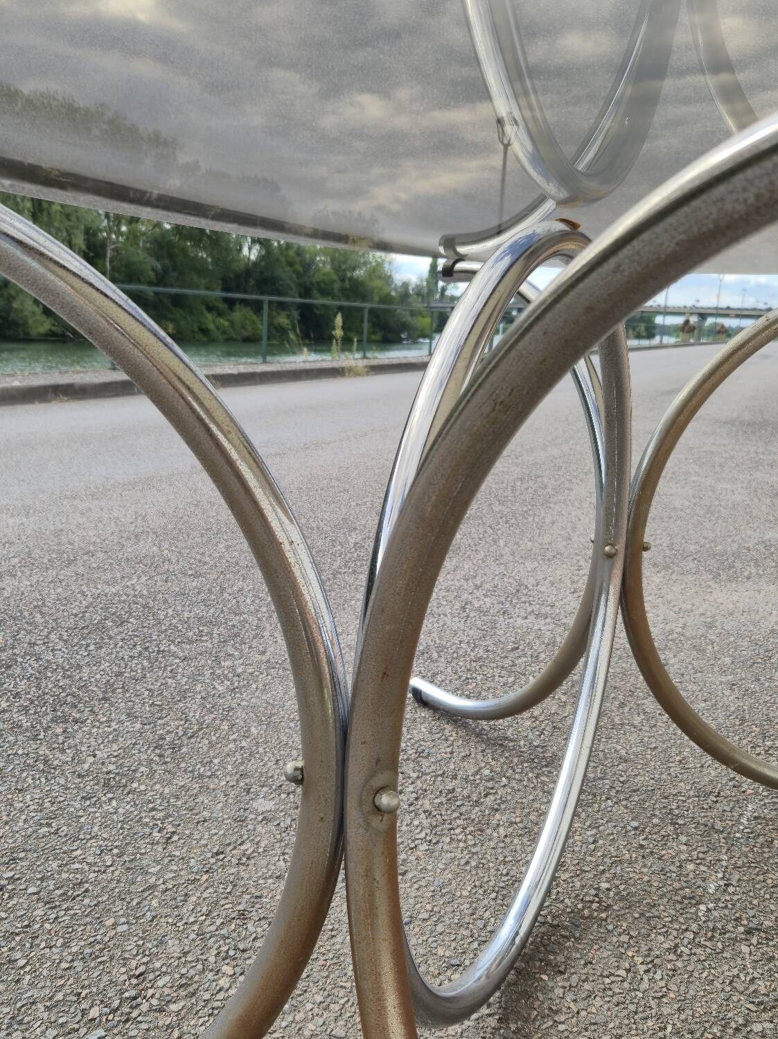 Vintage oval design table in smoked glass and chrome legs