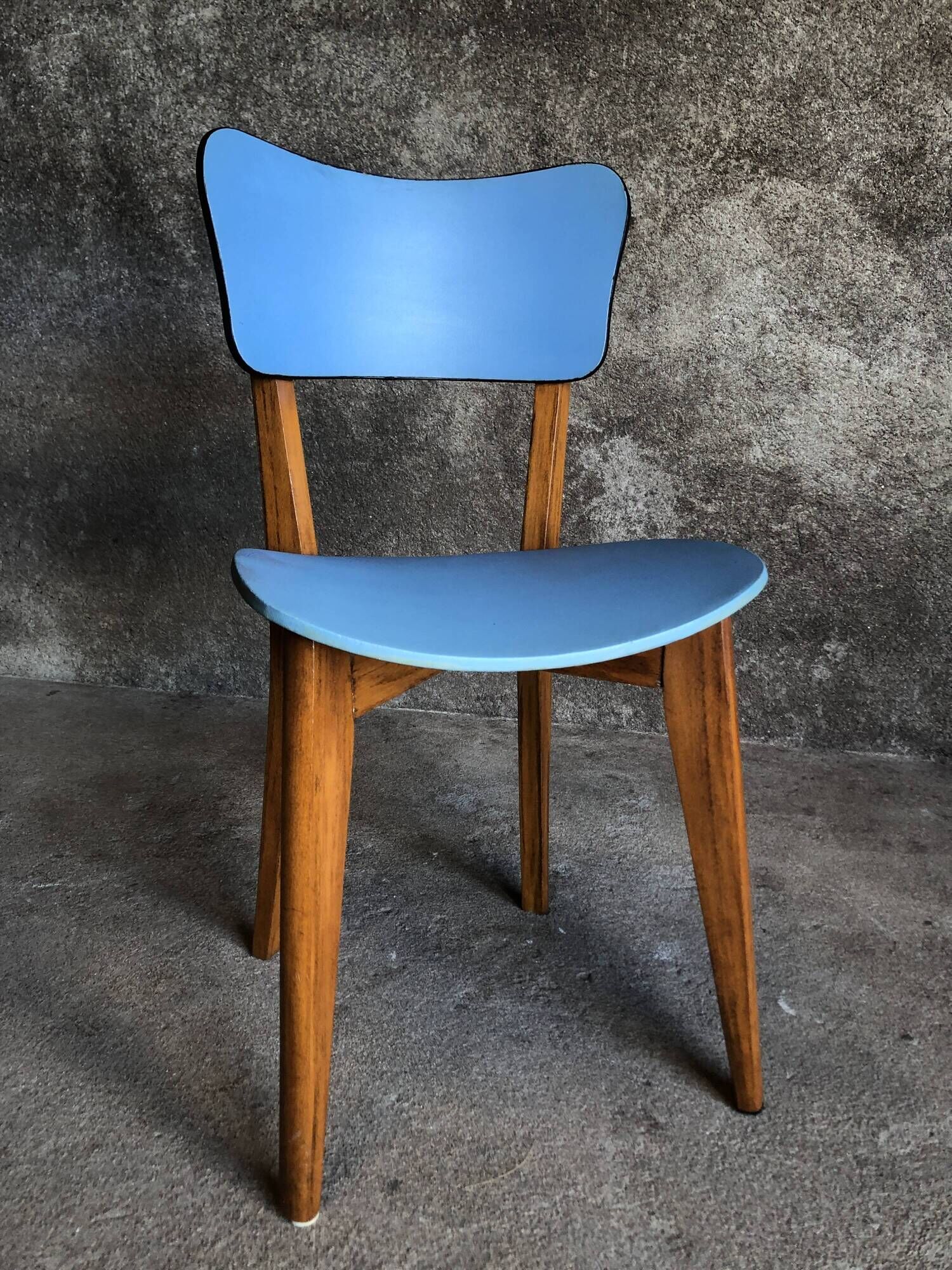 Pair of vintage bistro chairs in wood and light blue vinyl