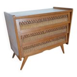 Commode en bois et rotin, pied compas, années 60