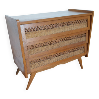 Commode en bois et rotin, pied compas, années 60