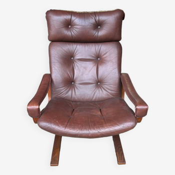 Fauteuil cuir et bois scandinave Fauteuil Kengu Elsa & Nordahl Solheim- Rykken