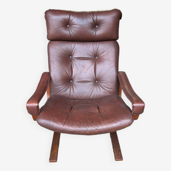 Scandinavian leather and wood armchair Kengu armchair Elsa & Nordahl Solheim- Rykken