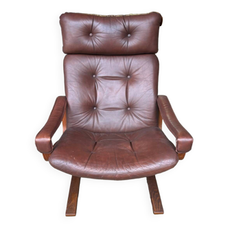 Scandinavian leather and wood armchair Kengu armchair Elsa & Nordahl Solheim- Rykken