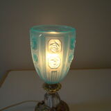Lampe en bronze tulipe art déco bleue
