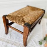 Small bench stool footrest in wood and vintage straw