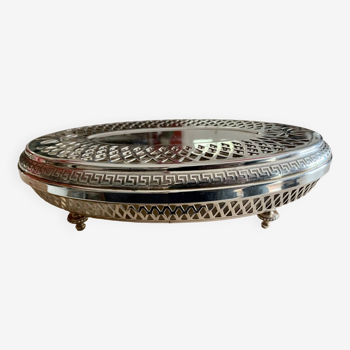 Silver metal dish warmer with openwork decoration and Greek frieze