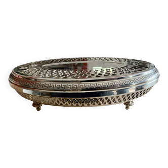 Silver metal dish warmer with openwork decoration and Greek frieze