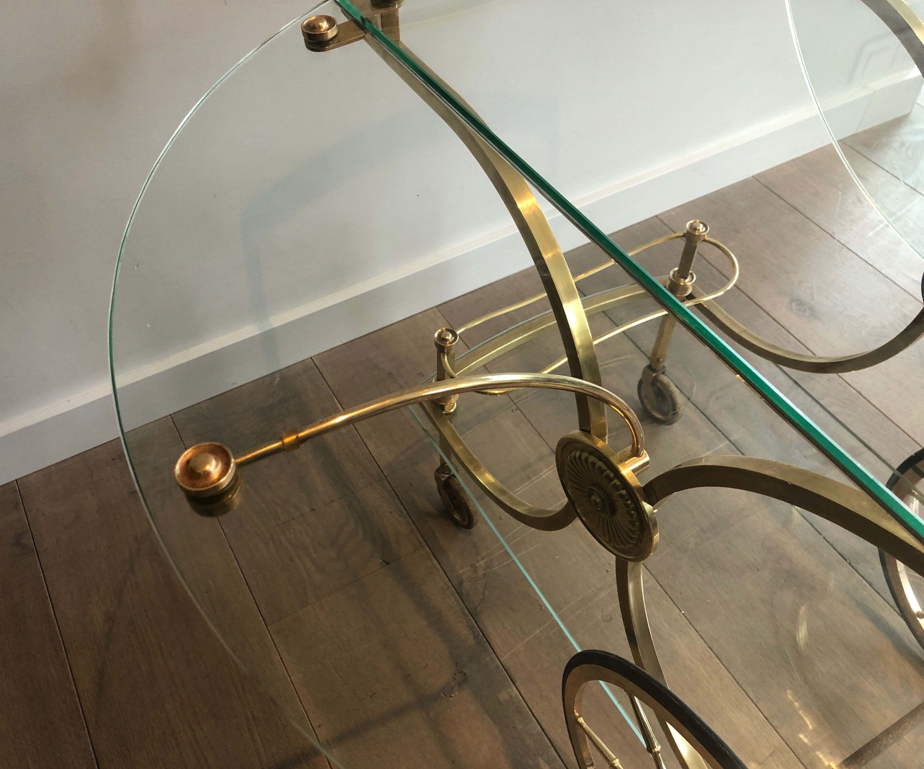 Neo classical style table in silver and gold metal and glass