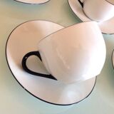 Set of eight white porcelain cups with blue edging / vintage 70s-80s